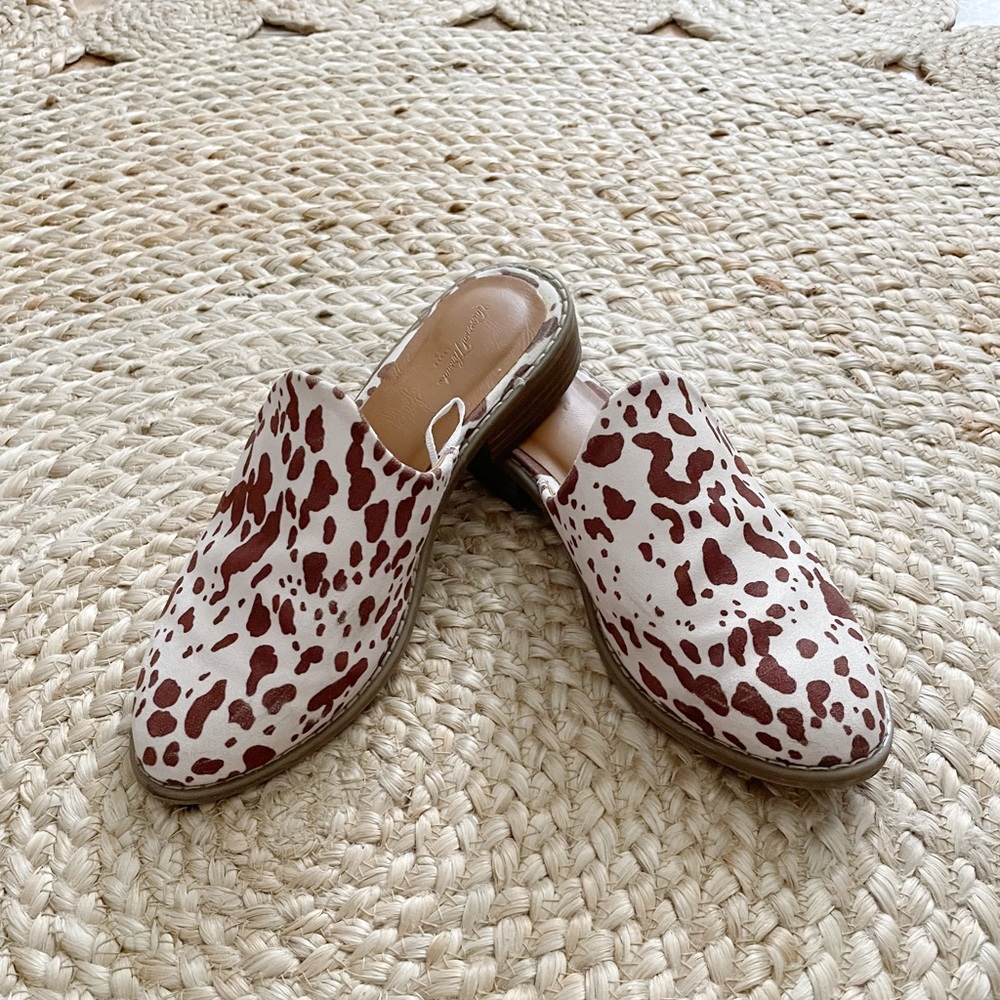 Cream/Brown Cow Print Slip On Mules